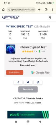 Zrzut ekranu wyniku Speedtest: ping 15 ms, pobieranie 496,13 Mb/s, wysyłanie 21,68 Mb/s