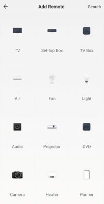 Interface for Adding Remote Control App interface for adding remote control to various devices.