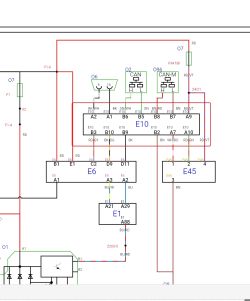 Fragment samochodowego schematu elektrycznego z blokami E10, E6, E45 i liniami CAN