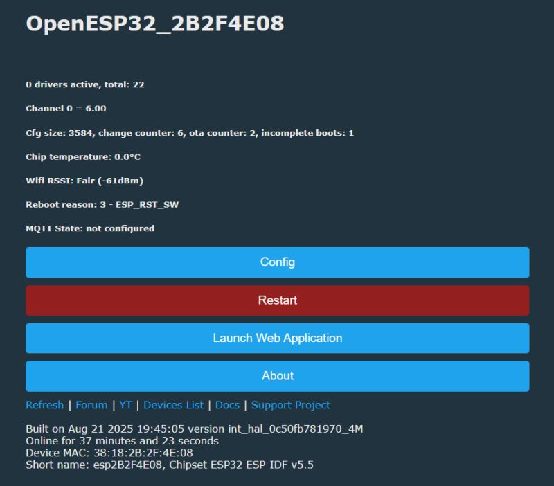 OpenESP32 control panel with technical information OpenESP32 web interface with system status and control buttons