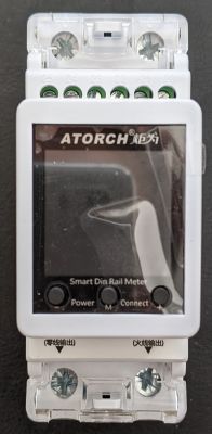 Atorch Electrical Energy Meter Atorch electrical energy meter with a display and buttons for DIN rail mounting.