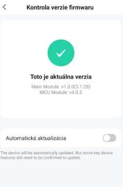 Firmware version check screen in mobile app Firmware version screen showing current versions and auto-update toggle off