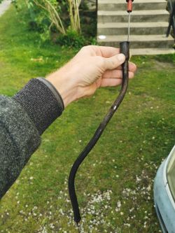 Mężczyzna trzyma bagnet oleju z rurką, prawdopodobnie z Mercedesa Sprintera, na tle trawnika.