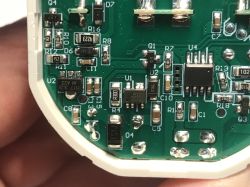 Close-up of a circuit board with surface-mounted electronic components