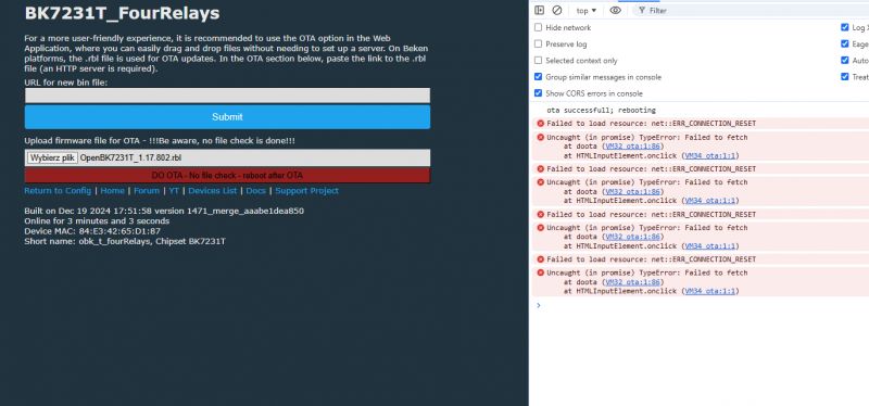 Screenshot of OTA update interface for BK7231T_FourRelays with console errors.