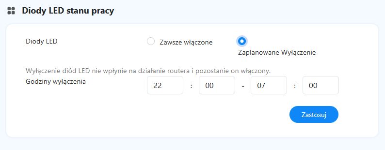 Ustawienia harmonogramu wyłączania diod LED w routerze z zaznaczoną opcją zaplanowaną