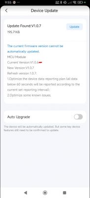Screenshot of MCU Firmware Update Screenshot of a device update application showing the availability of a new MCU firmware version.