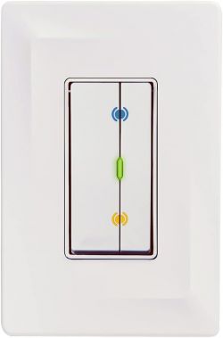 White Lighting Control Panel White control panel with four buttons and a central LED indicator.
