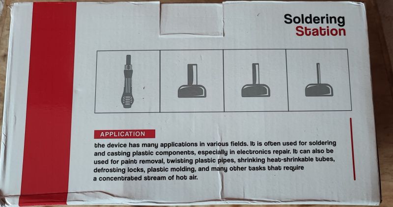 HOT AIR 858 Soldering Station Box Box of a soldering station with nozzle graphics and possible applications.