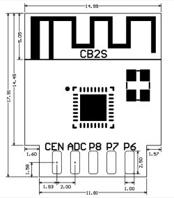 Technical drawing of a module with antenna pattern, “CB2S” label, and dimension markings.
