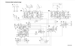 Schemat blokowy układu hydraulicznego z oznaczonymi sekcjami i elementami oznaczonymi literami oraz numerami.