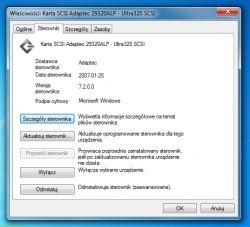 Interfejs właściwości karty SCSI Adaptec 29320ALP na systemie Windows 7.