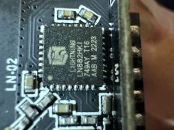 Close-up of an integrated circuit on a circuit board with the label Lightning LN882HK.