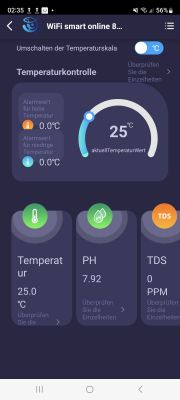 App monitoring temperature, pH, and TDS with a temperature of 25°C
