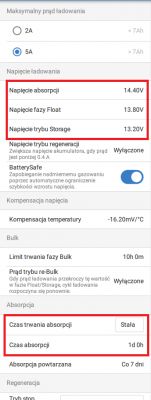 Zrzut ekranu z aplikacji ładowarki Victron IP 65 12V/5A pokazujący ustawienia ładowania.
