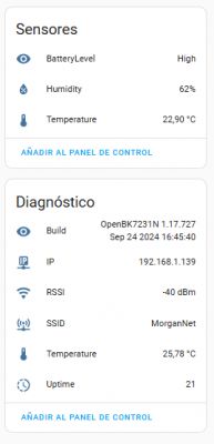 Screenshot showing device sensor and diagnostic information with data on battery level, humidity, temperature, and Wi-Fi network.