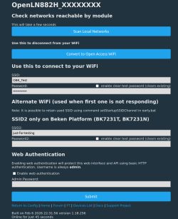 Screenshot of OpenLN882H web panel showing Wi‑Fi settings, SSID fields, and a “Submit” button