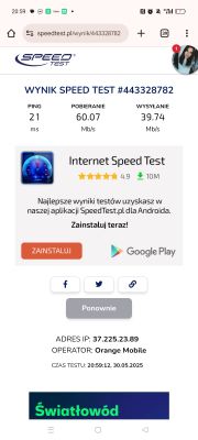 Wynik testu prędkości internetu Orange Mobile z wynikiem pobierania 60,07 Mb/s i wysyłania 39,74 Mb/s.