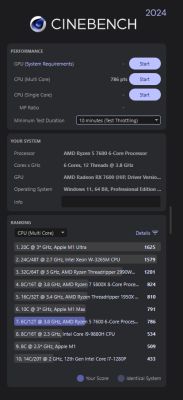 Zrzut ekranu z programu Cinebench 2024 pokazujący wynik 786 punktów dla procesora AMD Ryzen 5 7600 w teście CPU (Multi Core).