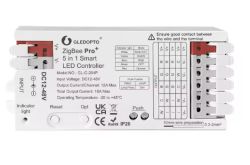 Kontroler taśmy LED Gledopto ZigBee Pro+ z zaciskami wyjść i tabelą podłączeń