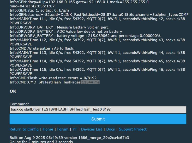 Konsola testowa SPI pokazująca wynik operacji Flash i czas 11544 ms