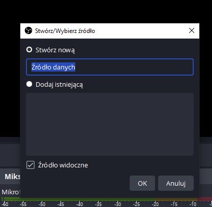 Okno dialogowe OBS Studio z opcjami do wyboru źródła danych.