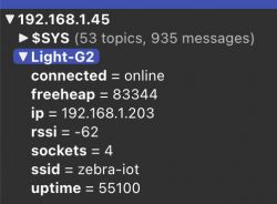 A screenshot showing network device information for Light-G2, displaying connection status, free memory, IP address, RSSI, number of sockets, network SSID, and uptime.