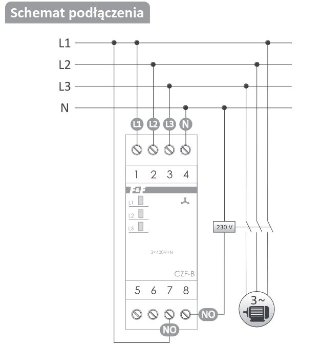 Schemat podłączenia przekaźnika CZF-B z oznaczeniami L1, L2, L3, N.