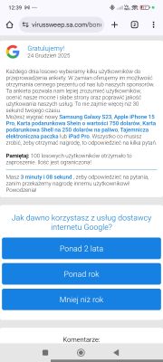 Strona z fałszywą ankietą z logo Google i ofertą nagród za udział