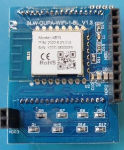 WB3S WiFi Module on PCB WB3S WiFi module on a blue PCB.