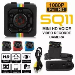 Product graphic of SQ11 1080P Full HD mini camera with accessories, feature icons, and color options