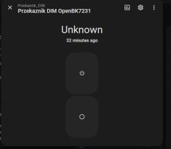 Home Assistant screenshot showing two buttons for “Przekaźnik DIM OpenBK7231” and status “Unknown”