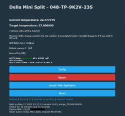 Web interface of a Della Mini Split device showing current and target temperatures, Wi-Fi status, and control buttons.