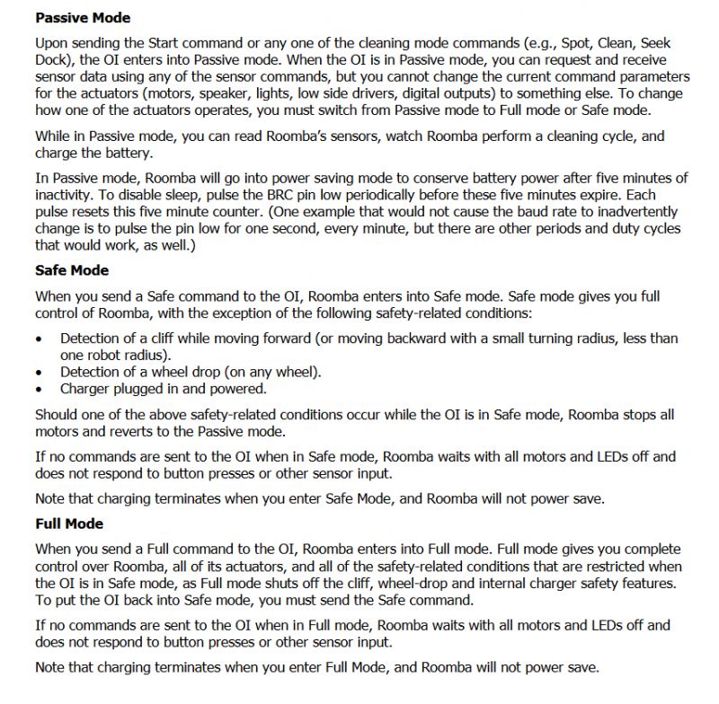 Roomba Open Interface Documentation Screenshot of Roomba Open Interface documentation describing device operation modes.