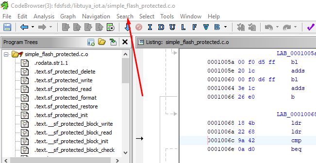 Screenshot of a code analysis program with the file simple_flash_protected.c.o open.