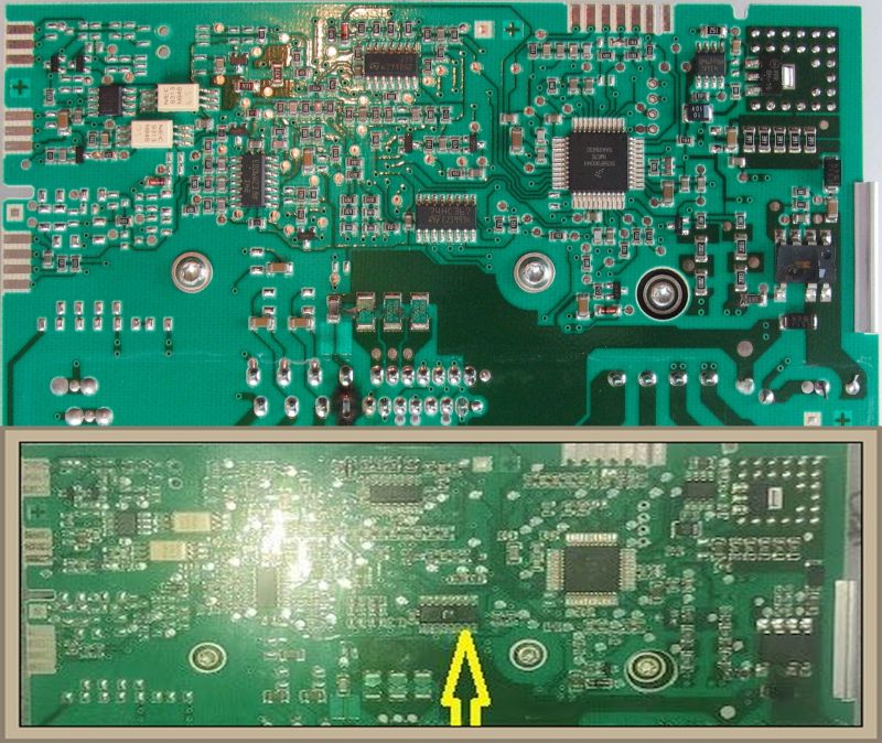 Close-up of two printed circuit boards with various integrated circuits and electronic components.