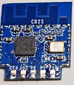 Close-up of a CB2S electronic module with visible integrated circuit and electronic components.