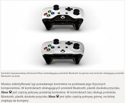 Dwa białe kontrolery Xbox, różniące się układem plastiku wokół przycisku Xbox