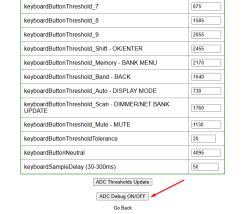 Screenshot of ADC threshold settings for keyboard buttons with an ADC Debug ON/OFF option.