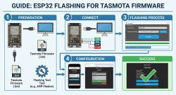 Graphic guide for flashing ESP32 with Tasmota firmware, step-by-step process.