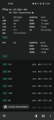 Zrzut ekranu z aplikacji sieciowej pokazujący szczegółowe parametry sygnału LTE (Play 4G) w paśmie 1800 + 800 MHz.