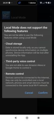 App screenshot showing a “Local Mode” popup listing unavailable features, with Cancel and Confirm buttons