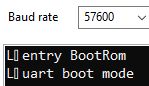 Terminal screenshot: “[L] entry BootRom” and “[U] uart boot mode”, baud rate 57600