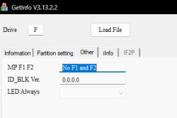 Zrzut ekranu GetInfo v3.13.2.2 z wyborem dysku F i komunikatem „No F1 and F2”.