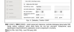 Fragment instrukcji obsługi z zakładką Telefon GSM dotyczącą obsługi kart SIM.