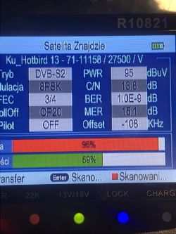 Ekran miernika sygnału satelitarnego z parametrami Hotbird 13, jakość 59%