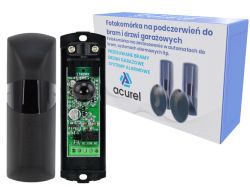 Fotokomórka na podczerwień do bram z opakowaniem Acurel i widoczną elektroniką