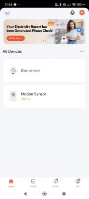 Tuya app interface showing a connected gas sensor and an offline motion sensor.