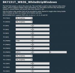 Screenshot of the BK7231T_WB3S_WhiteStripWindows configuration with pin settings.