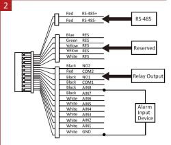 Wiring diagram with connector and labels for RS-485, Reserved, Relay Output, and Alarm Input Device.